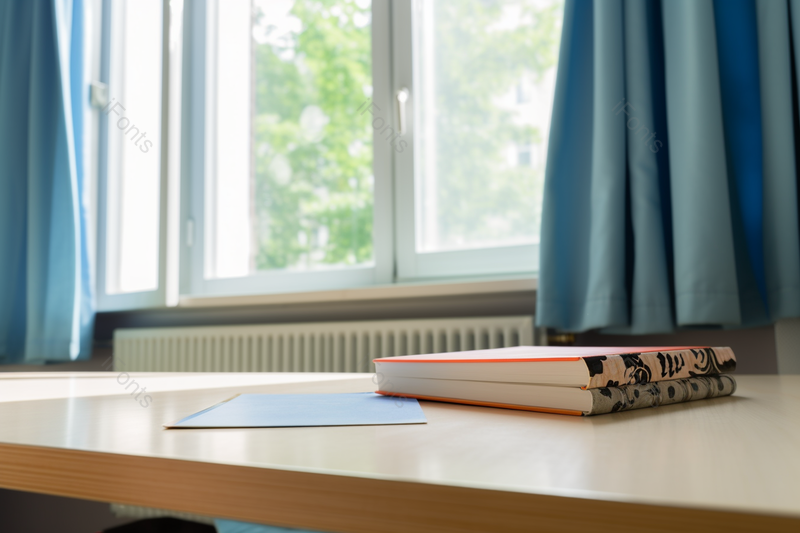 窗户前教室里课桌上整齐的书本,高清,摄影图,摄影图片,图片大全,摄影图免费下载